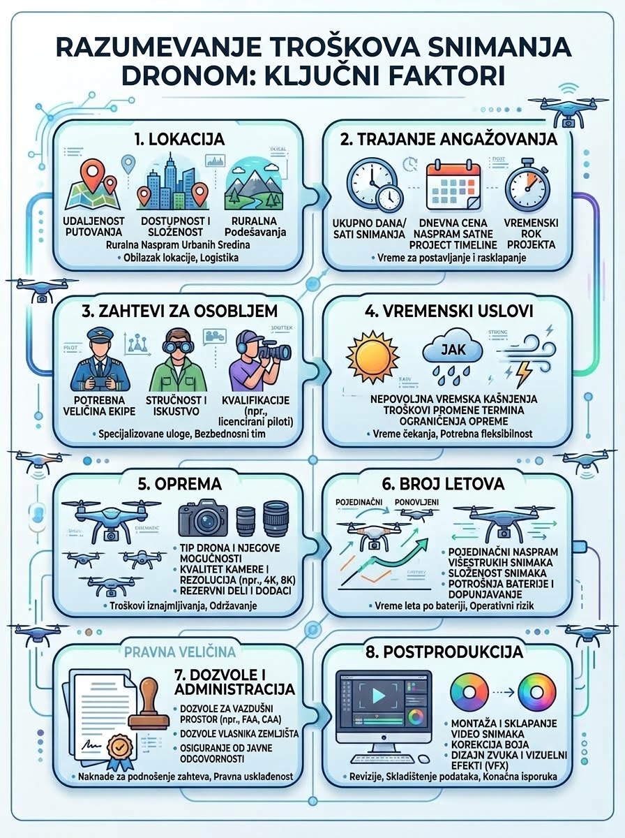 Infografik faktora koji utiču na cenu snimanja dronom