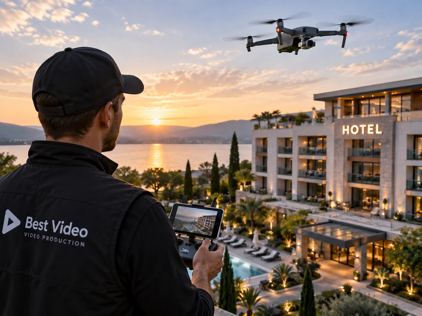 Dron pilot upravlja dronom koji snima hotelski kompleks pored plaže u vreme zalaska sunca